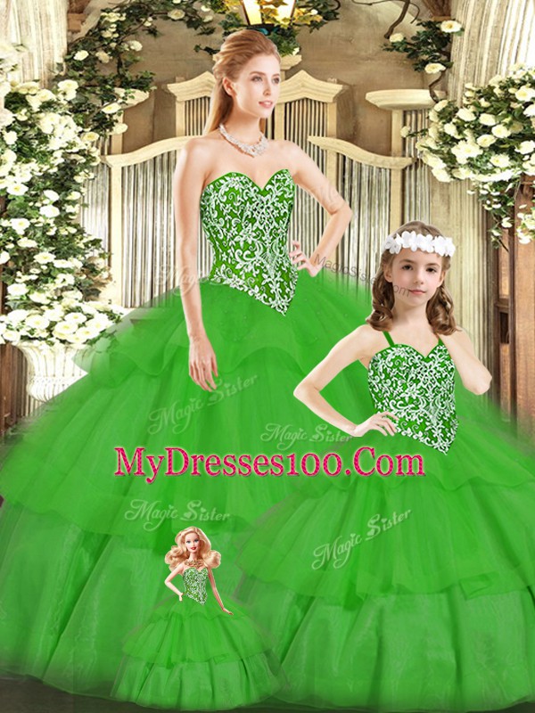 Green Quince Ball Gowns Military Ball and Sweet 16 and Quinceanera with Beading Sweetheart Sleeveless Lace Up