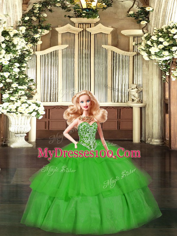 Green Quince Ball Gowns Military Ball and Sweet 16 and Quinceanera with Beading Sweetheart Sleeveless Lace Up