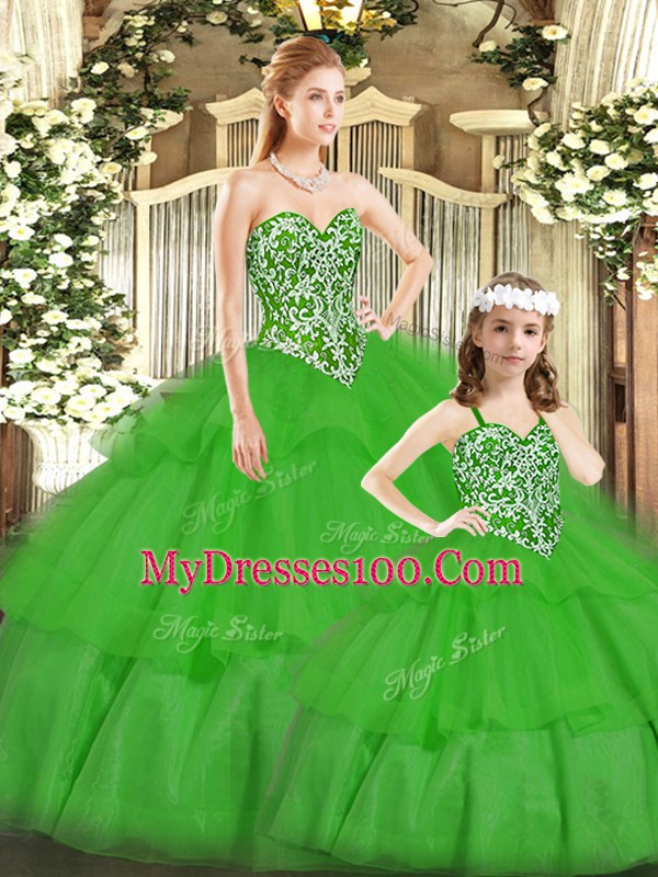 Green Quince Ball Gowns Military Ball and Sweet 16 and Quinceanera with Beading Sweetheart Sleeveless Lace Up