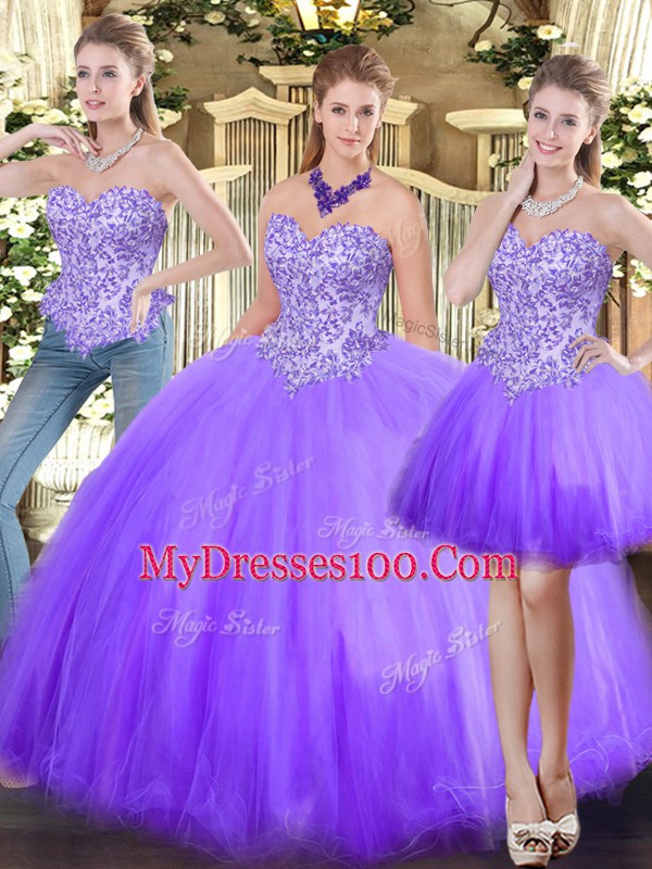 Chic Lavender Sleeveless Floor Length Beading Lace Up Sweet 16 Quinceanera Dress