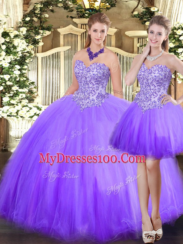 Chic Lavender Sleeveless Floor Length Beading Lace Up Sweet 16 Quinceanera Dress