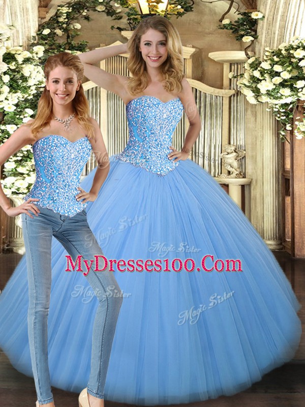 Tulle Sleeveless Floor Length Ball Gown Prom Dress and Beading