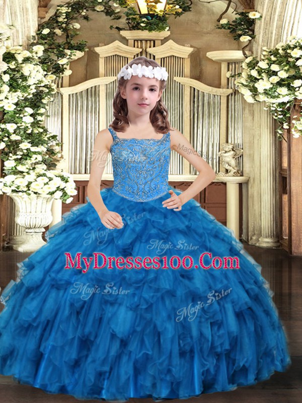 Floor Length Blue Girls Pageant Dresses Organza Sleeveless Beading and Ruffles
