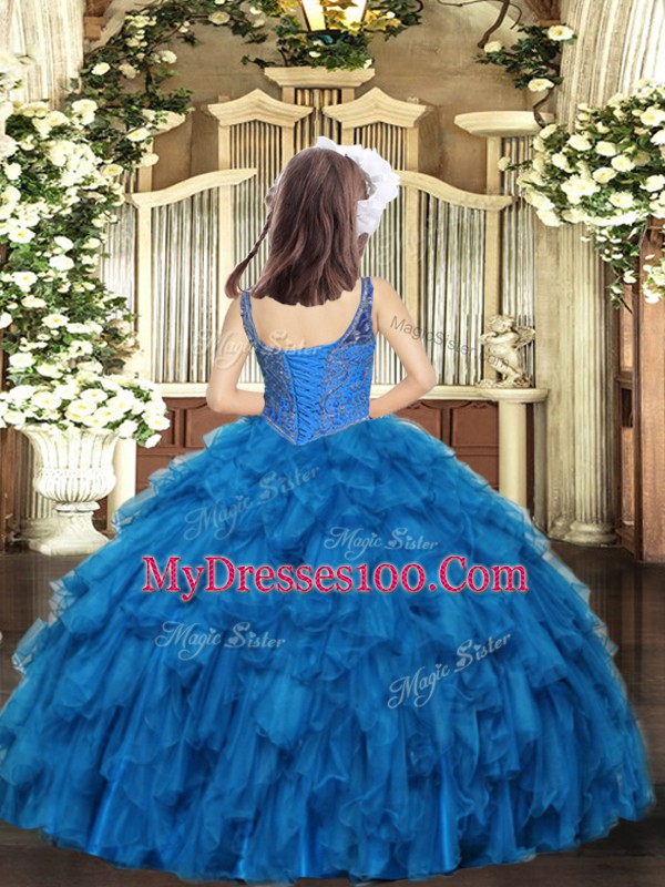 Floor Length Blue Girls Pageant Dresses Organza Sleeveless Beading and Ruffles