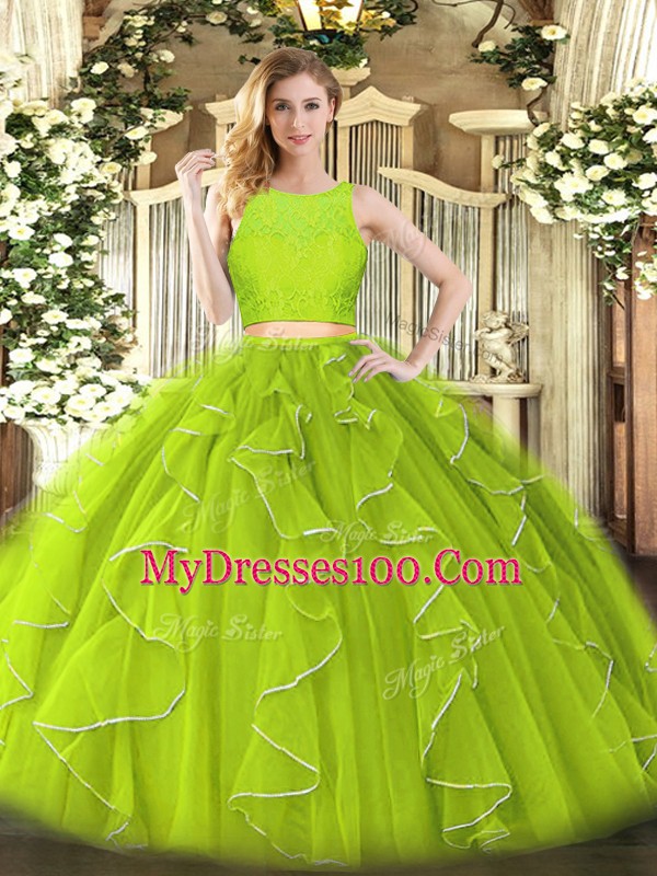 Sexy Scoop Sleeveless Zipper Sweet 16 Quinceanera Dress Yellow Green Organza