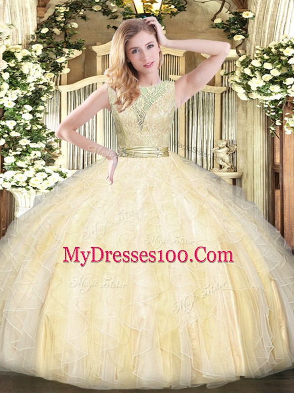 Scoop Sleeveless Organza Ball Gown Prom Dress Lace and Ruffles Backless