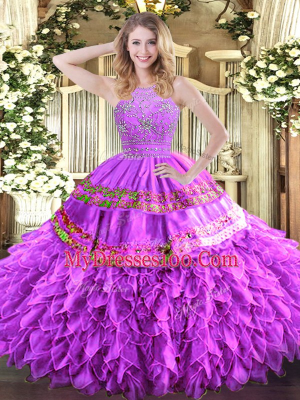 Lilac Halter Top Neckline Beading and Ruffles and Sequins Sweet 16 Dresses Sleeveless Zipper
