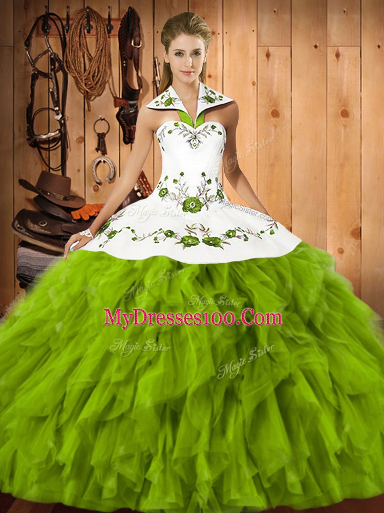 Floor Length Ball Gowns Sleeveless Olive Green Quinceanera Dresses Lace Up