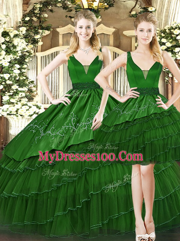 Popular Ball Gowns 15 Quinceanera Dress Dark Green Straps Tulle Sleeveless Floor Length Lace Up