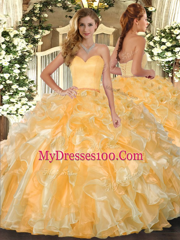 Ideal Gold Sleeveless Floor Length Beading and Ruffles Lace Up 15 Quinceanera Dress
