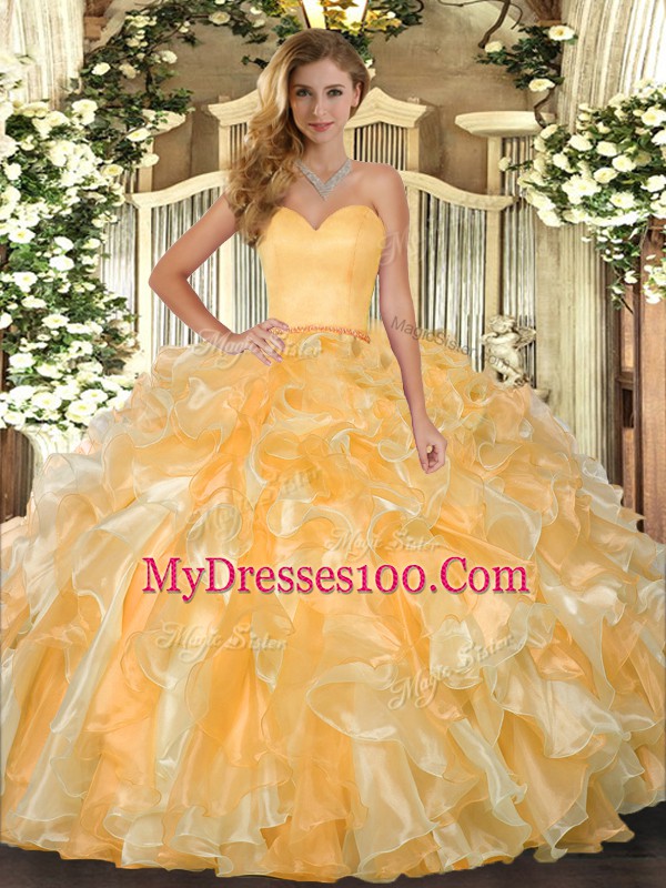 Ideal Gold Sleeveless Floor Length Beading and Ruffles Lace Up 15 Quinceanera Dress