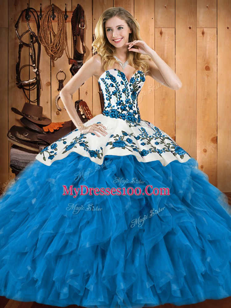 Sleeveless Floor Length Embroidery and Ruffles Lace Up Vestidos de Quinceanera with Teal