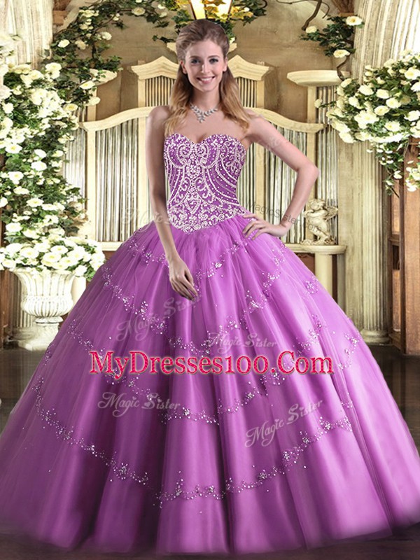 Lilac Lace Up Vestidos de Quinceanera Beading Sleeveless Floor Length