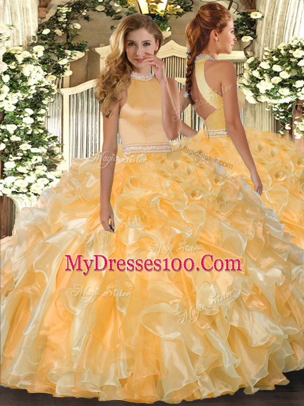 Gold Sleeveless Beading and Ruffles Floor Length Quinceanera Dress