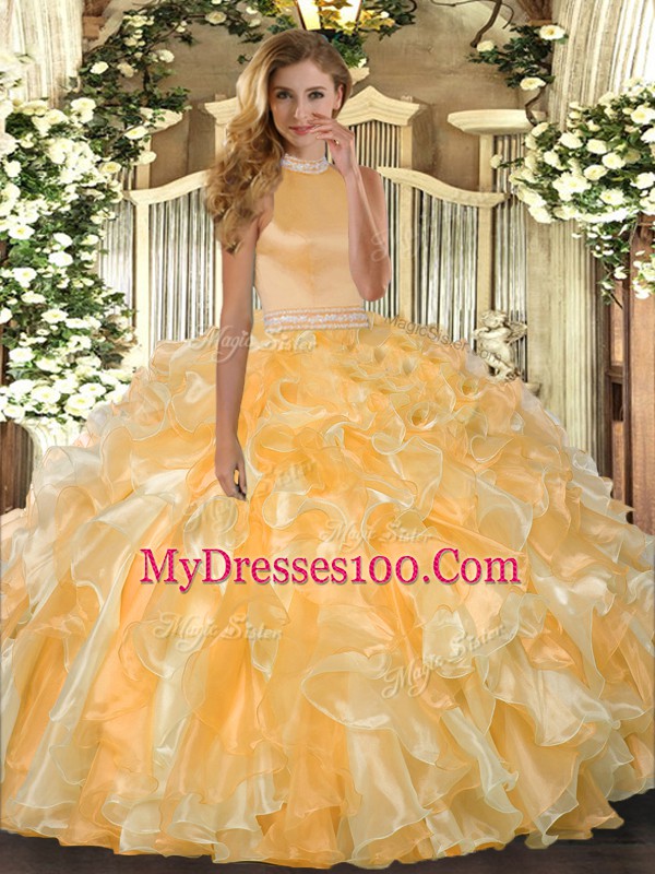Gold Sleeveless Beading and Ruffles Floor Length Quinceanera Dress