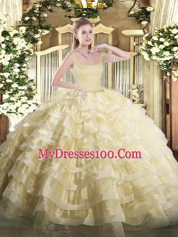 Dramatic Straps Sleeveless Quinceanera Dress Floor Length Beading and Ruffled Layers Gold Organza