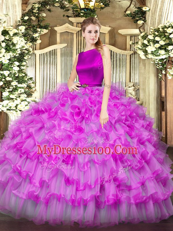 Custom Fit Sleeveless Floor Length Ruffled Layers Clasp Handle Quinceanera Gown with Fuchsia