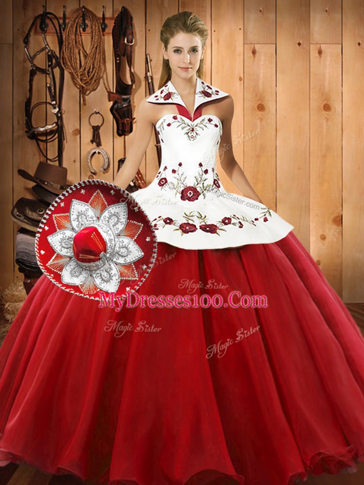 Comfortable Satin and Tulle Halter Top Sleeveless Lace Up Embroidery Quinceanera Gown in Wine Red
