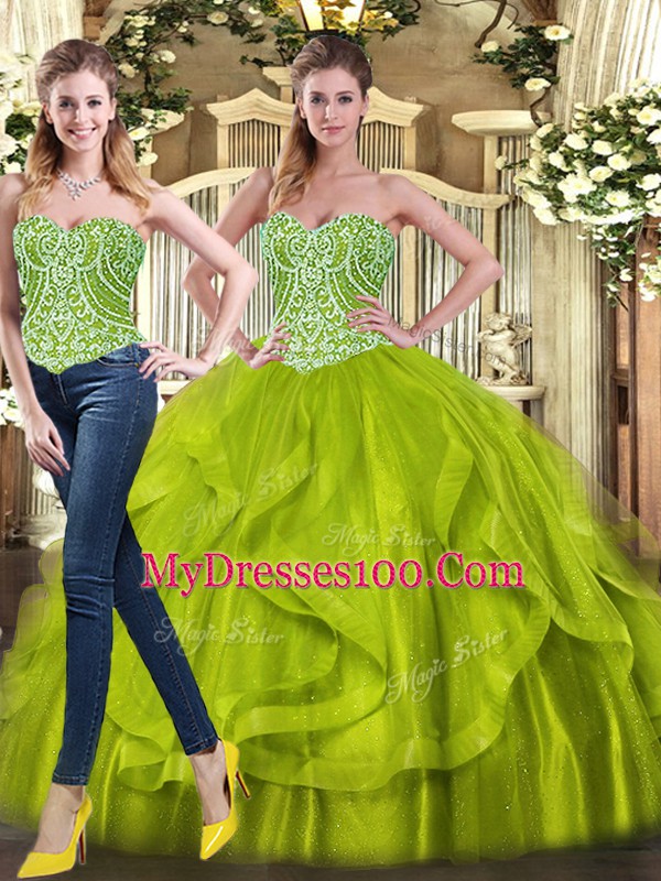 Organza Sweetheart Sleeveless Lace Up Beading and Ruffles Quince Ball Gowns in Olive Green