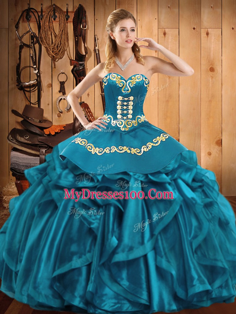 Best Teal Quinceanera Gowns Military Ball and Sweet 16 and Quinceanera with Embroidery and Ruffles Sweetheart Sleeveless Lace Up