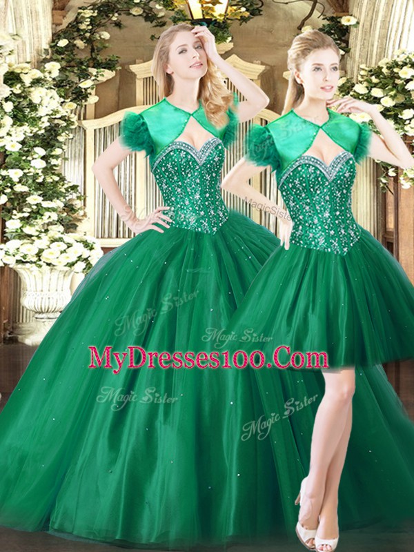 Flirting Beading Quince Ball Gowns Green Lace Up Sleeveless Floor Length