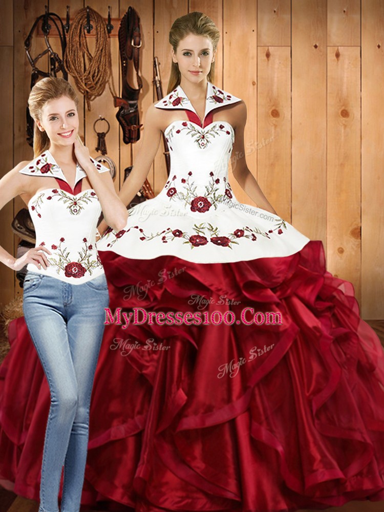 Wine Red Two Pieces Halter Top Sleeveless Organza Floor Length Lace Up Embroidery and Ruffles Vestidos de Quinceanera