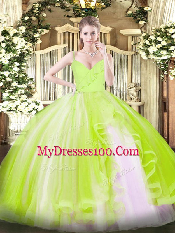 Sleeveless Tulle Floor Length Zipper Sweet 16 Quinceanera Dress in Yellow Green with Ruffles