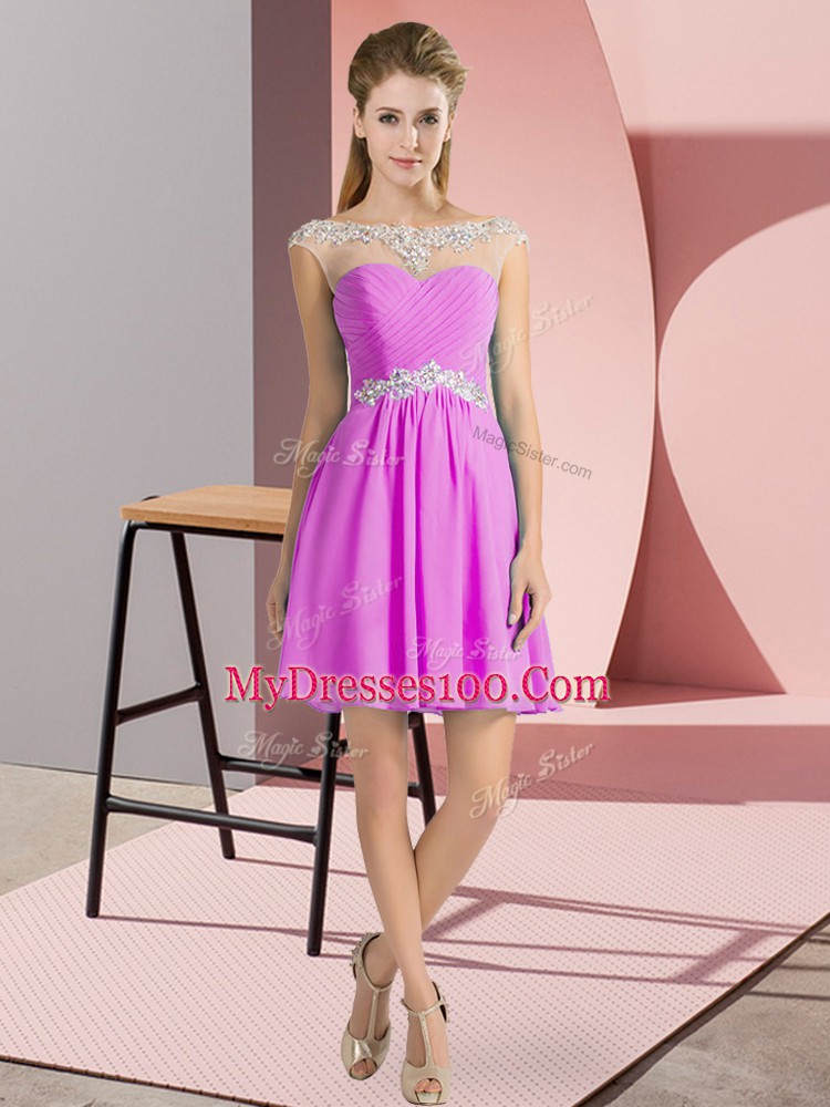 Best Selling Lilac Lace Up Prom Gown Beading Cap Sleeves Mini Length