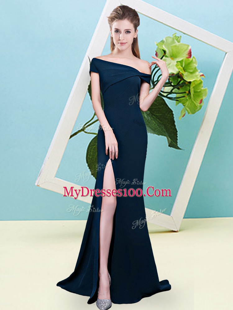 Navy Blue Mermaid Ruching Bridesmaids Dress Zipper Elastic Woven Satin Sleeveless Floor Length