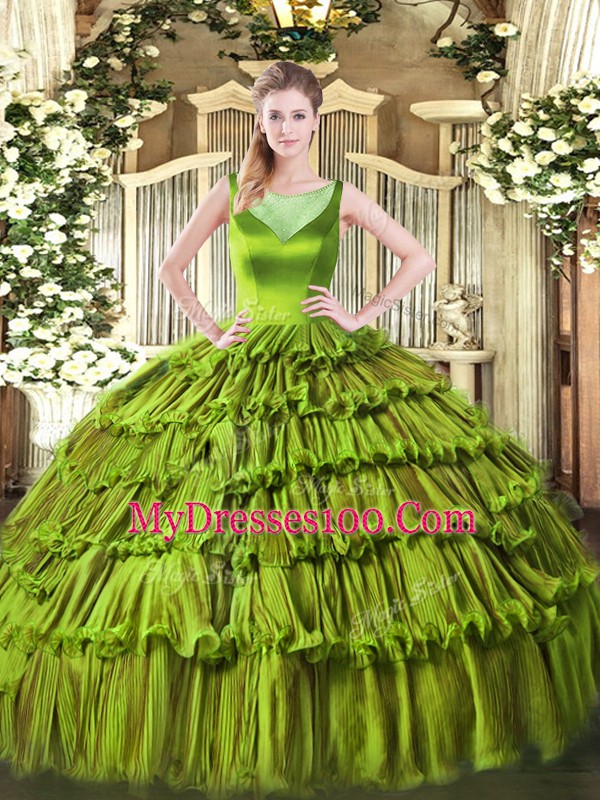 Sophisticated Olive Green Ball Gowns Beading and Ruffled Layers Sweet 16 Quinceanera Dress Side Zipper Organza Sleeveless Floor Length