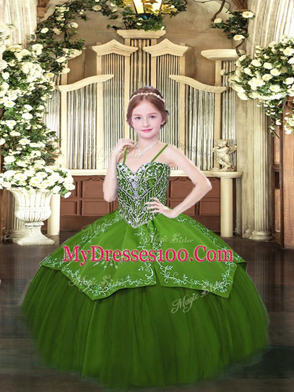 Sleeveless Floor Length Beading and Embroidery Lace Up High School Pageant Dress with Olive Green