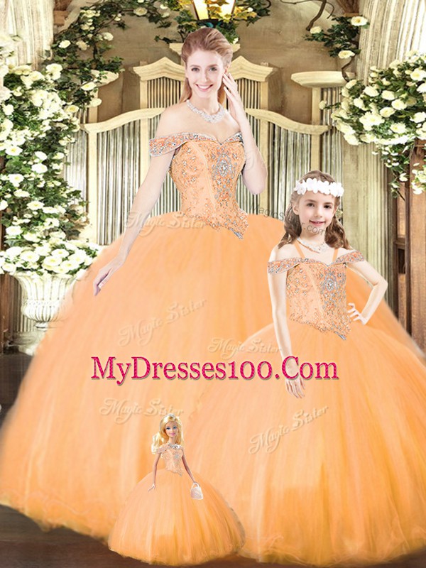 Orange Sleeveless Beading Floor Length Sweet 16 Dress