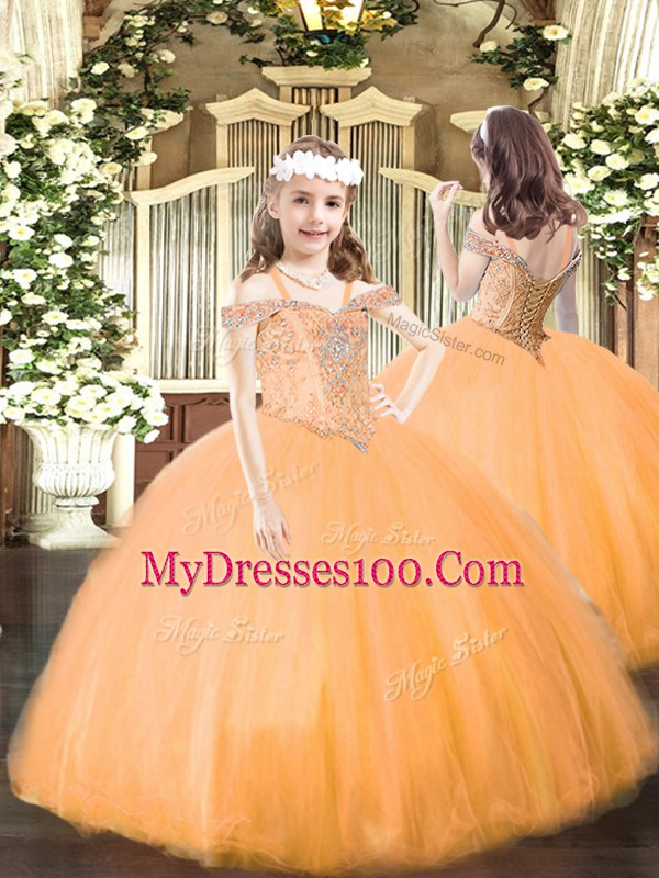 Orange Sleeveless Beading Floor Length Sweet 16 Dress