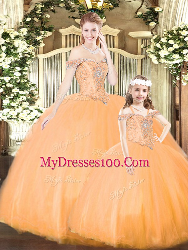Orange Sleeveless Beading Floor Length Sweet 16 Dress