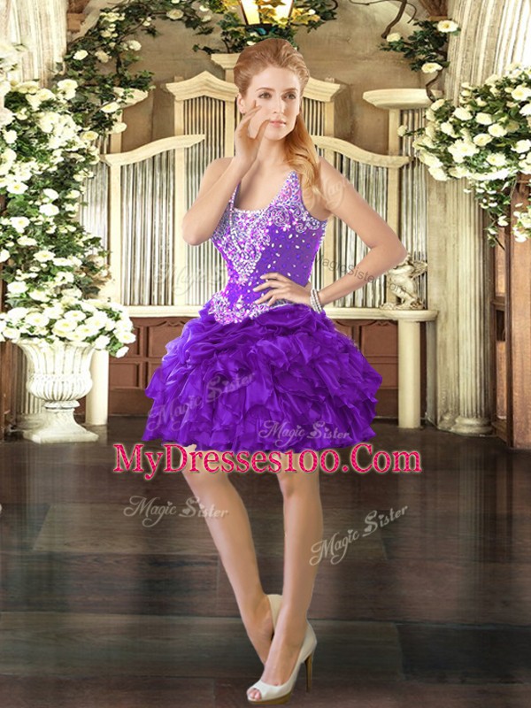 Purple Lace Up Straps Beading and Ruffles and Pick Ups Cocktail Dresses Organza Sleeveless