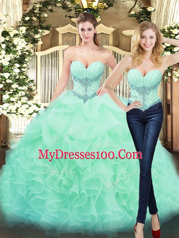 Best Selling Apple Green Lace Up Sweetheart Beading and Ruffles Quince Ball Gowns Organza Sleeveless