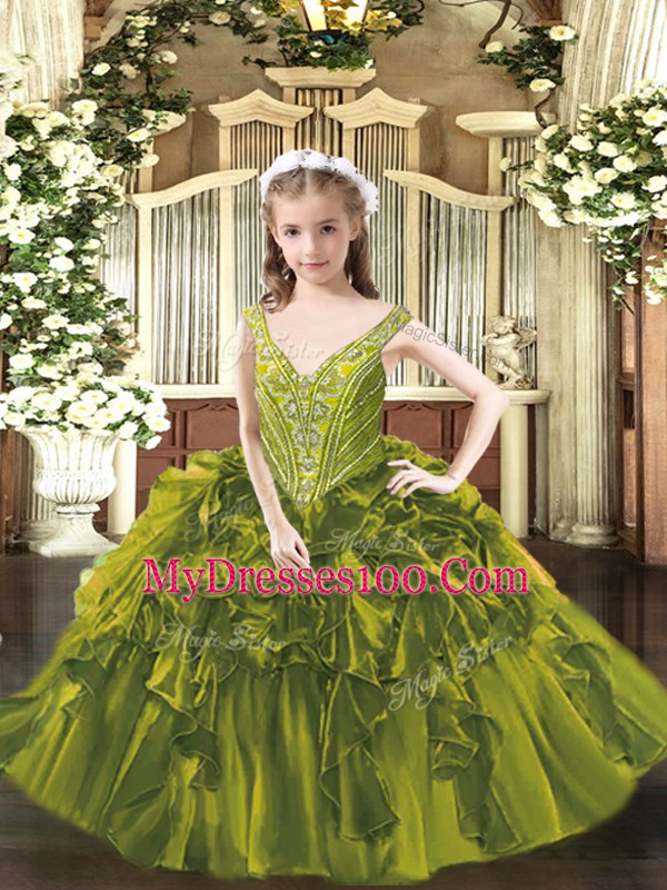 Simple Olive Green Organza Lace Up V-neck Sleeveless Floor Length Little Girls Pageant Dress Wholesale Beading and Ruffles