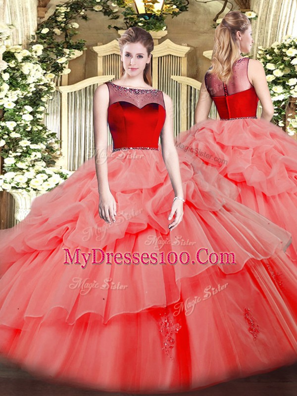 Fantastic Watermelon Red Ball Gowns Scoop Sleeveless Organza Floor Length Zipper Beading and Appliques Quinceanera Gowns