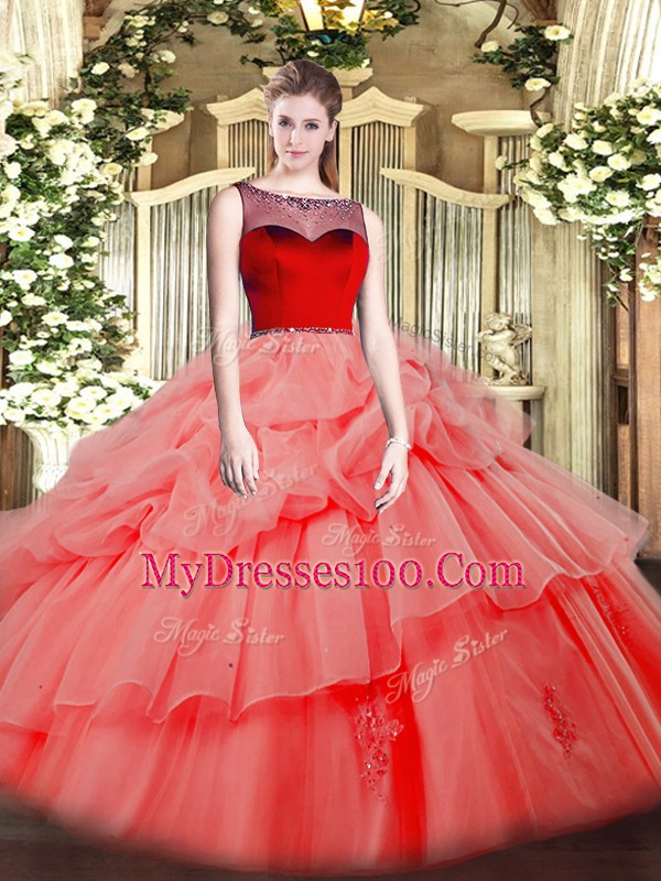 Fantastic Watermelon Red Ball Gowns Scoop Sleeveless Organza Floor Length Zipper Beading and Appliques Quinceanera Gowns