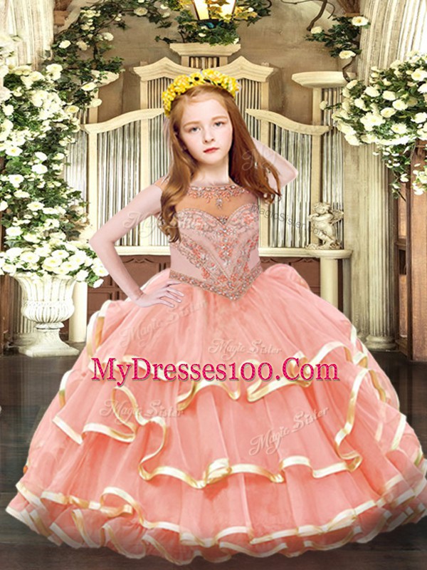 Sleeveless Organza Floor Length Zipper Custom Made Pageant Dress in Watermelon Red with Beading and Ruffled Layers