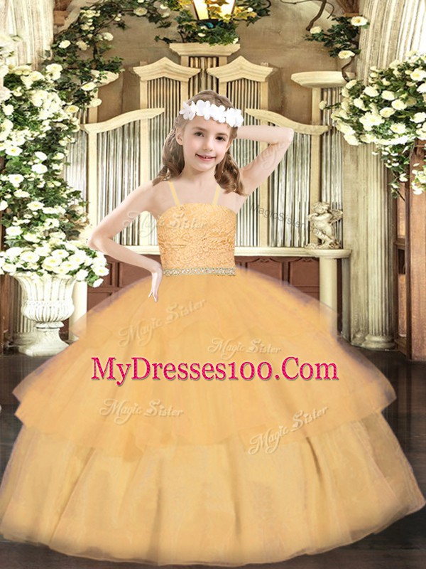 High End Orange Ball Gowns Straps Sleeveless Organza Floor Length Zipper Beading and Lace and Ruffled Layers Little Girl Pageant Dress