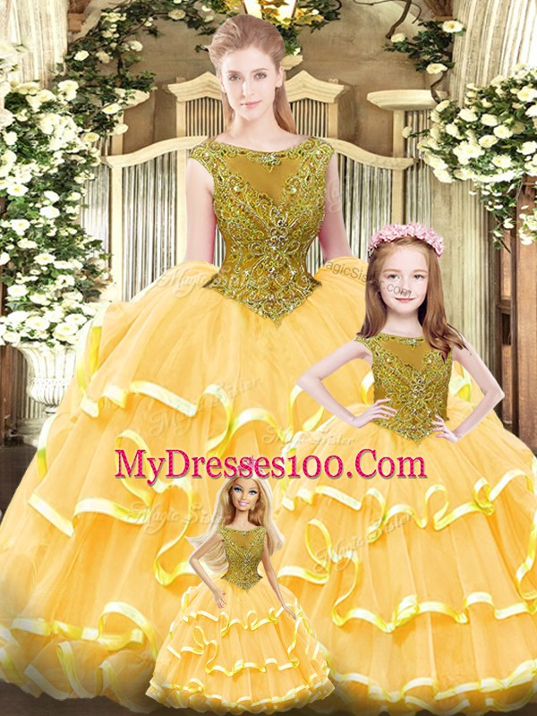 Glamorous Gold Sweet 16 Quinceanera Dress Military Ball and Sweet 16 and Quinceanera with Beading and Ruffled Layers Scoop Sleeveless Lace Up