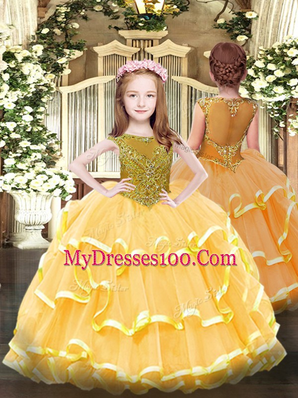 Glamorous Gold Sweet 16 Quinceanera Dress Military Ball and Sweet 16 and Quinceanera with Beading and Ruffled Layers Scoop Sleeveless Lace Up
