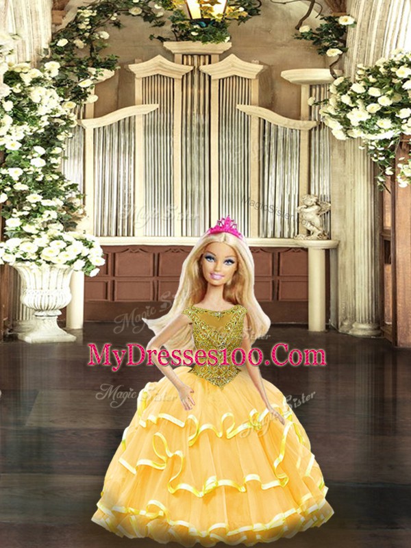 Glamorous Gold Sweet 16 Quinceanera Dress Military Ball and Sweet 16 and Quinceanera with Beading and Ruffled Layers Scoop Sleeveless Lace Up