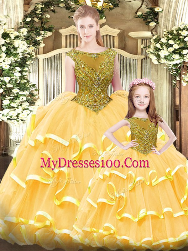 Glamorous Gold Sweet 16 Quinceanera Dress Military Ball and Sweet 16 and Quinceanera with Beading and Ruffled Layers Scoop Sleeveless Lace Up
