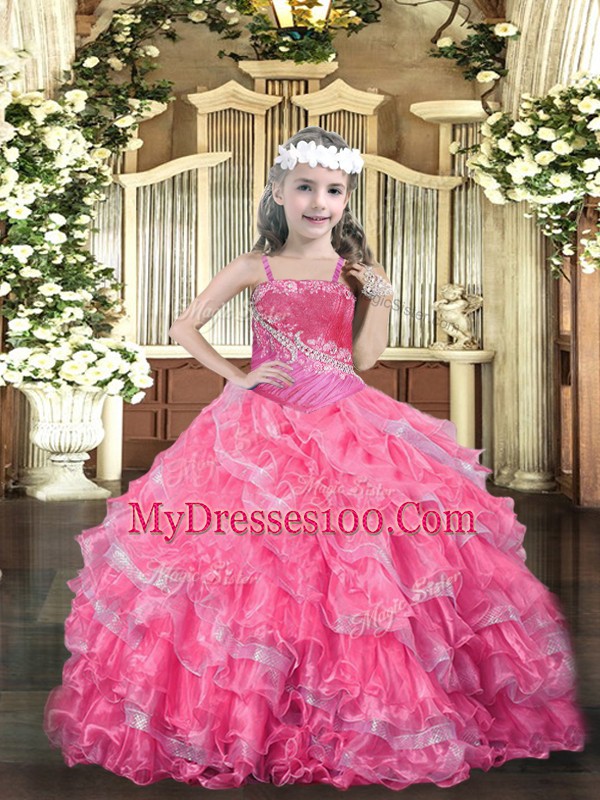 Hot Pink Lace Up Little Girls Pageant Dress Beading and Ruffled Layers Sleeveless Floor Length