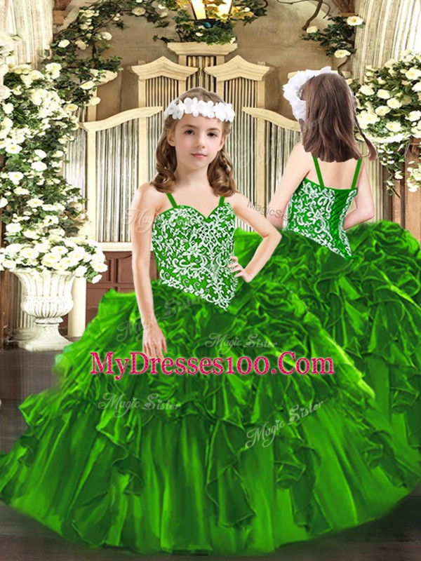 Green Organza Lace Up Straps Sleeveless Floor Length Pageant Dress Beading and Ruffles