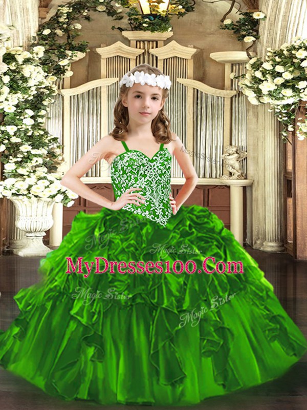 Green Organza Lace Up Straps Sleeveless Floor Length Pageant Dress Beading and Ruffles