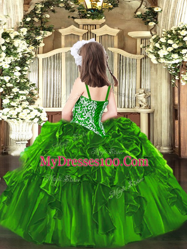 Green Organza Lace Up Straps Sleeveless Floor Length Pageant Dress Beading and Ruffles
