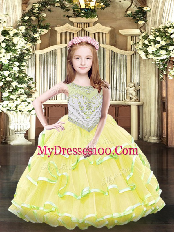 Yellow Scoop Zipper Beading and Ruffled Layers Little Girls Pageant Dress Wholesale Sleeveless
